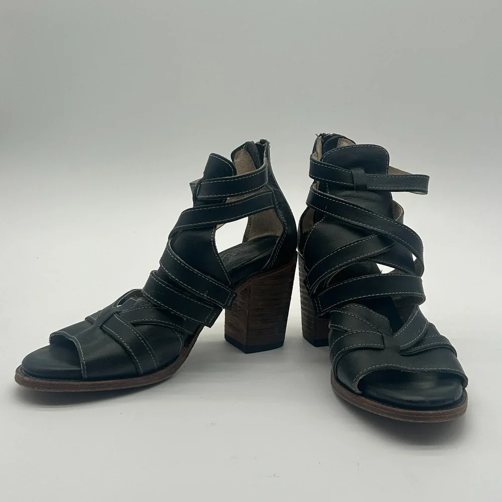 Freebird by Steven Claw Black Leather Strappy Gladiator Heeled Sandals Womens 9
